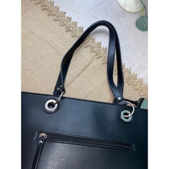 Nicole Miller New York Black W/ Silver Logo Zipper Pockets Top Handles Handbag - Picture 9 of 12